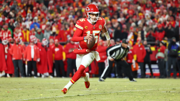 Kansas City Chiefs quarterback Patrick Mahomes (15) running with the ball during the AFC Championship game against the Buffalo Bills | Image Credit: Sam Lutz
