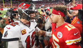 Brady (left) embraces Mahomes (right) after Brady’s Super Bowl LV win. (image via/CBS Sports)
